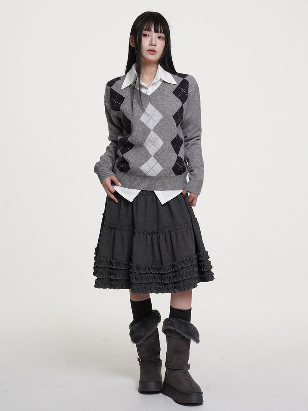 VEEMIX Light Heather Grey Diamond Argyle V-neck Knitted Women's Acrylic Blend Sweaters