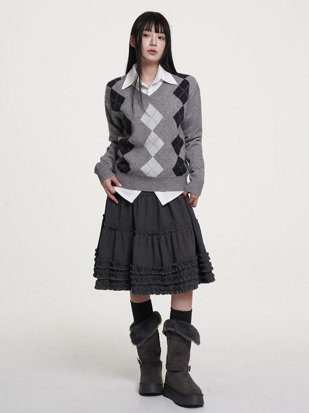 VEEMIX Light Heather Grey Diamond Argyle V-neck Knitted Women's Acrylic Blend Sweaters