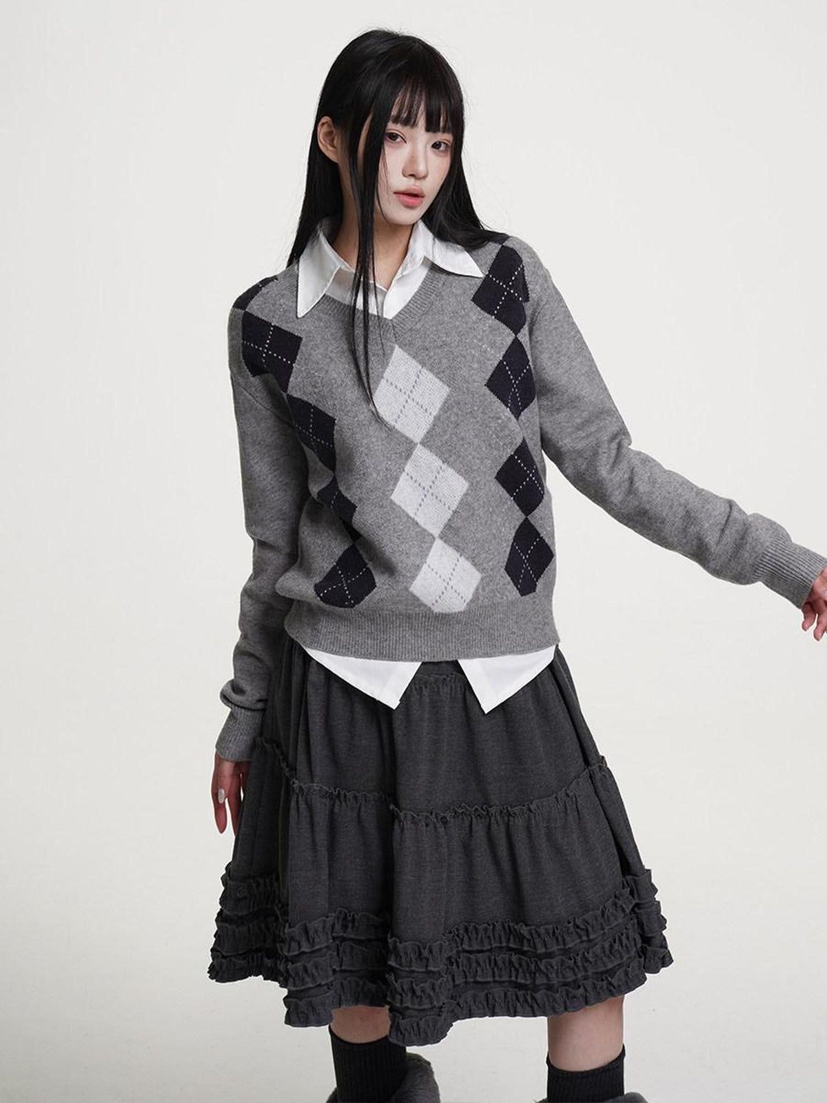 VEEMIX Light Heather Grey Diamond Argyle V-neck Knitted Women's Acrylic Blend Sweaters
