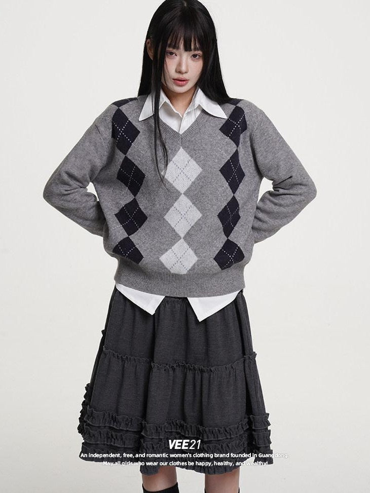 VEEMIX Light Heather Grey Diamond Argyle V-neck Knitted Women's Acrylic Blend Sweaters