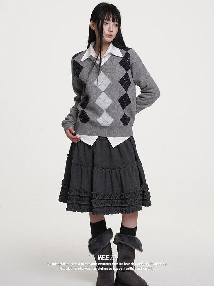 VEEMIX Light Heather Grey Diamond Argyle V-neck Knitted Women's Acrylic Blend Sweaters