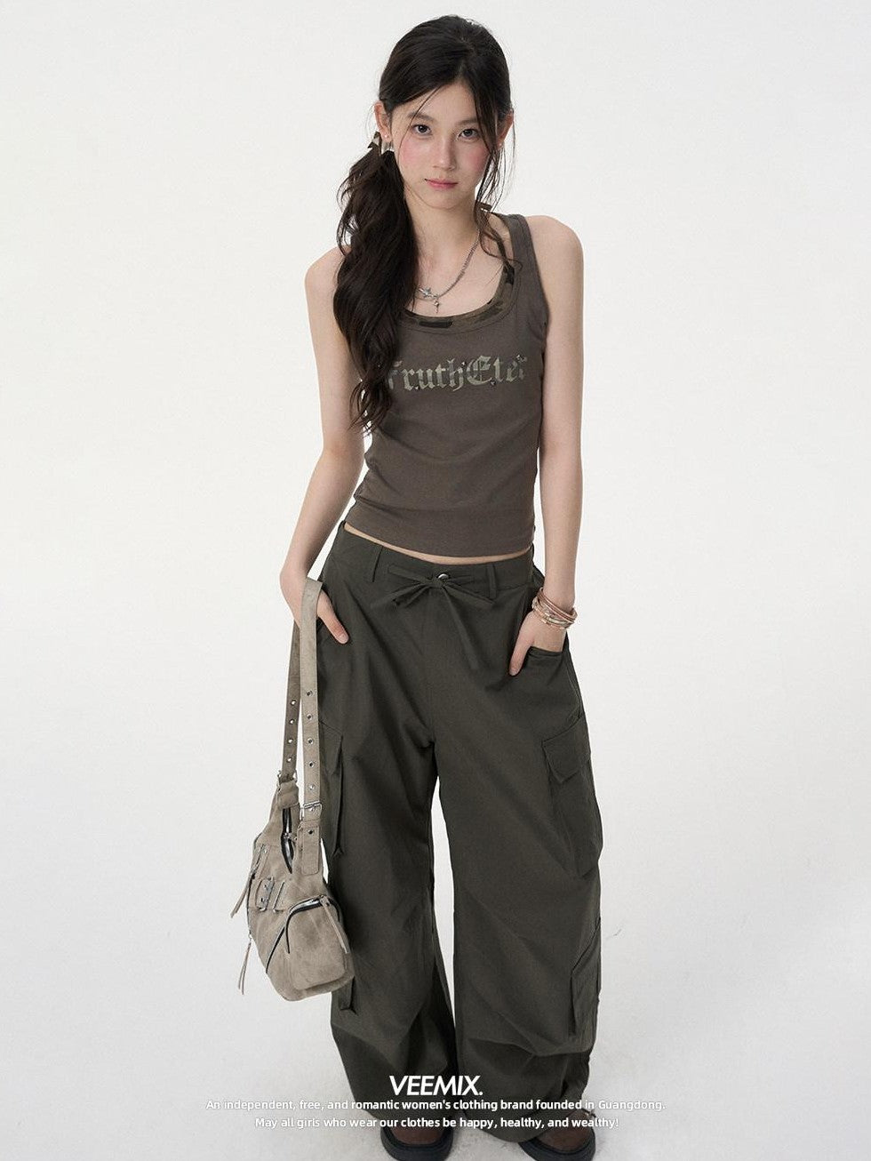 VEEMIX Light Multi Pocket Workwear Wide Leg Mid Rise Women's Polyester Cargo Pants
