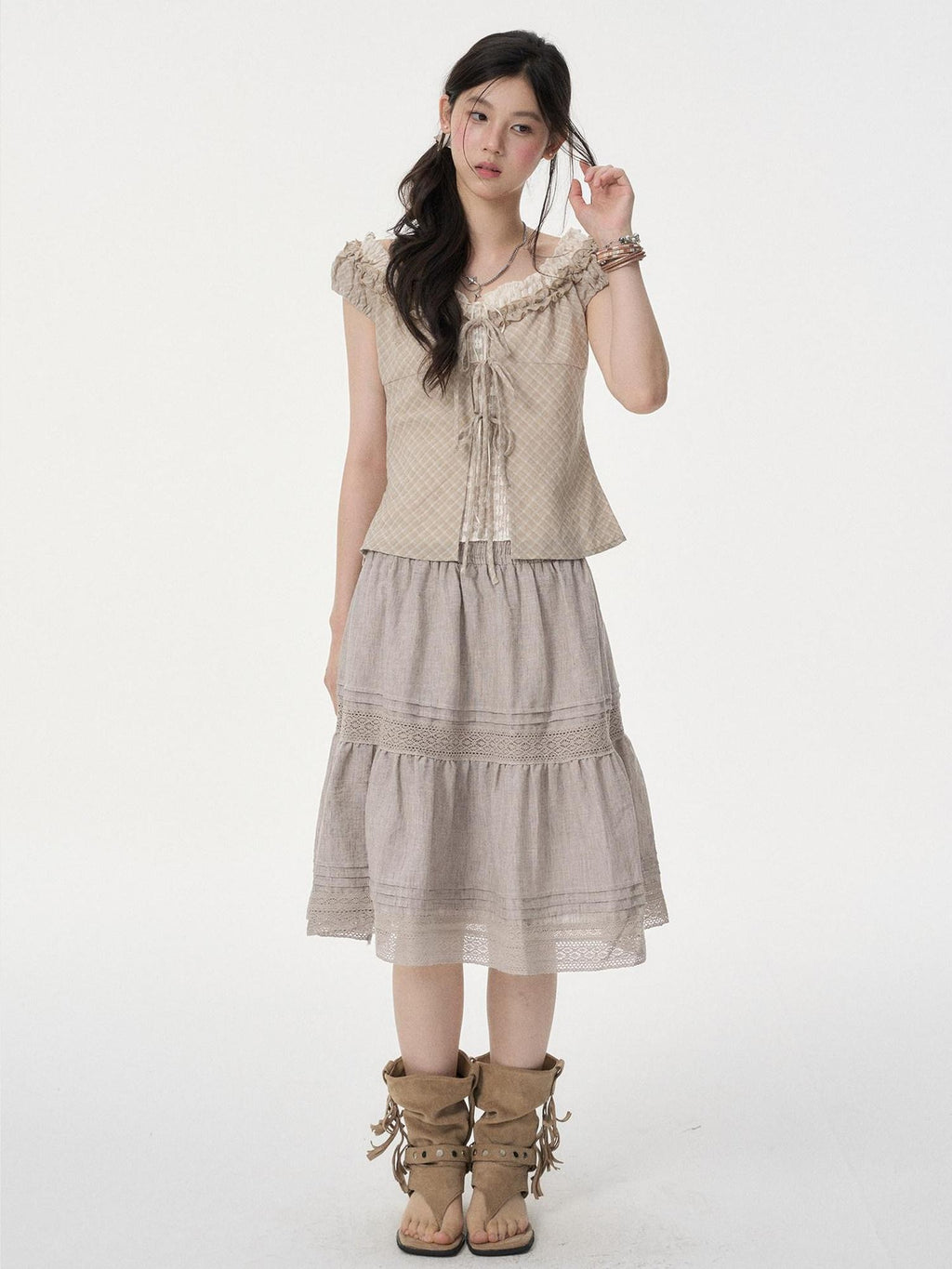 VEEMIX Linen Gray Eyelet Lace A Line High Waist Women's Viscose Blend Midi Skirts