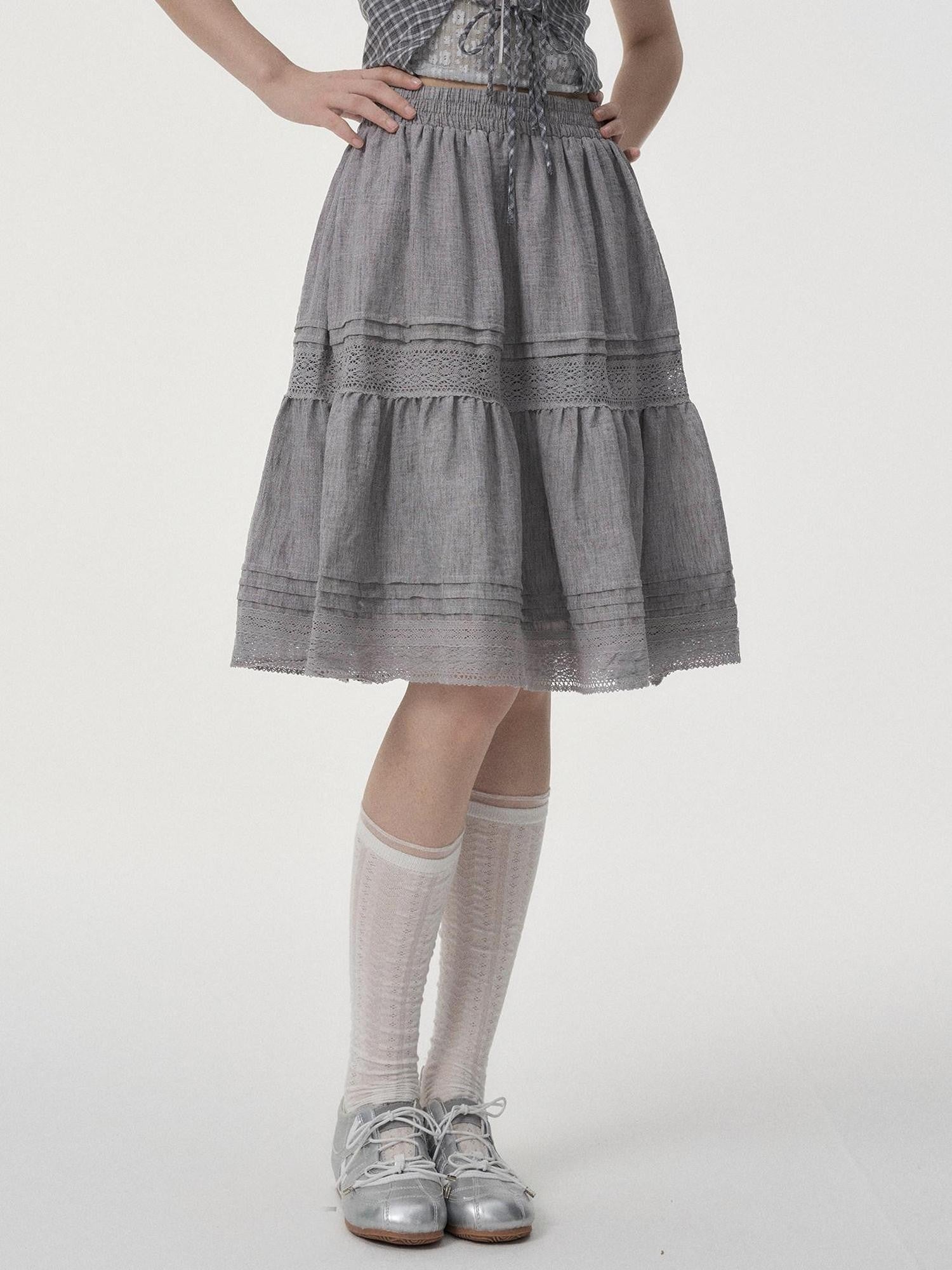 VEEMIX Linen Gray Eyelet Lace A Line High Waist Women's Viscose Blend Midi Skirts