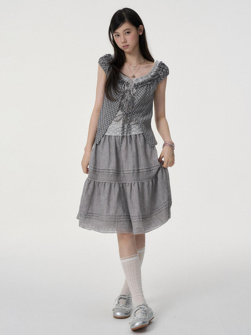 VEEMIX Linen Gray Eyelet Lace A Line High Waist Women's Viscose Blend Midi Skirts