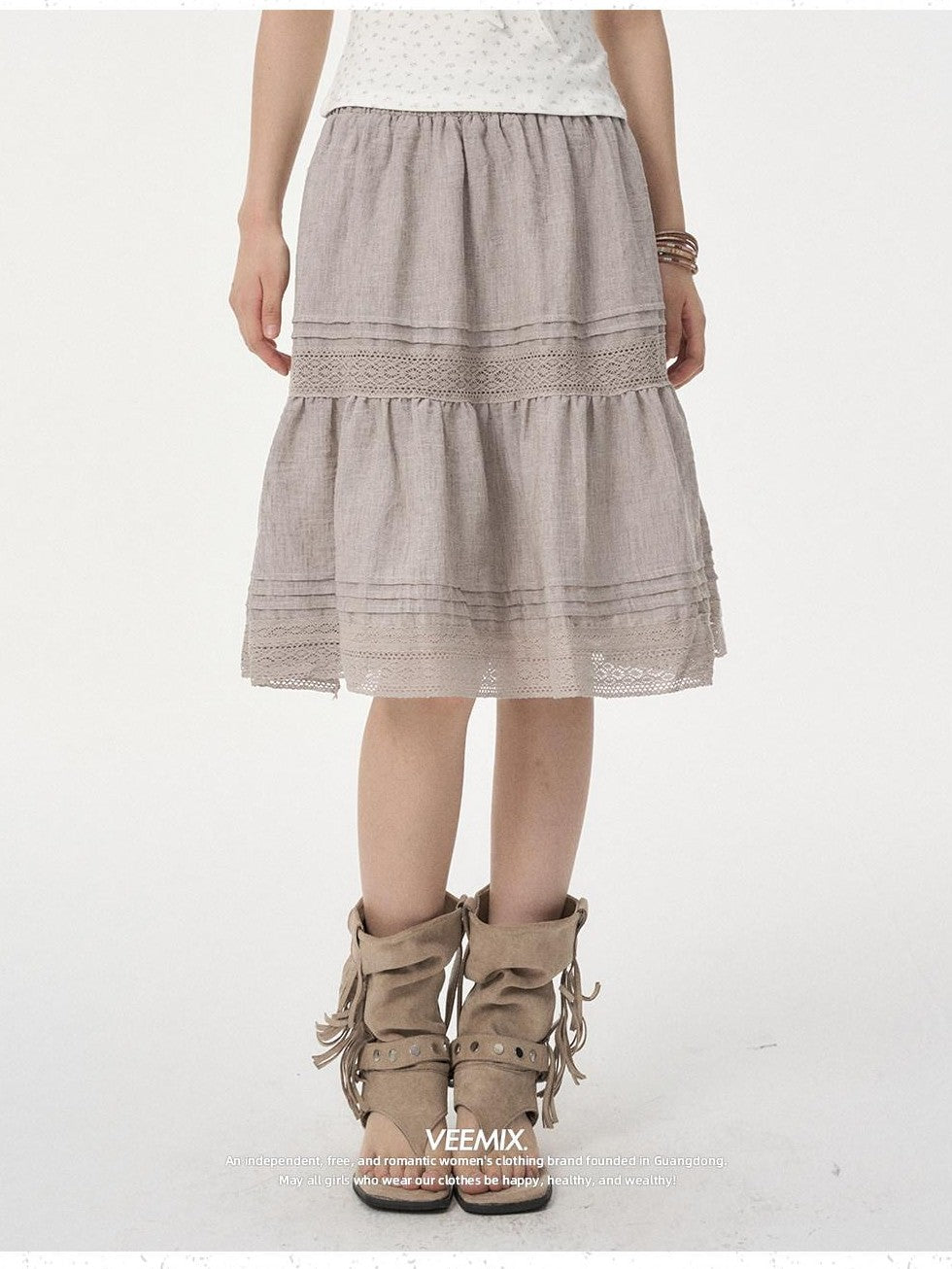 VEEMIX Linen Gray Eyelet Lace A Line High Waist Women's Viscose Blend Midi Skirts