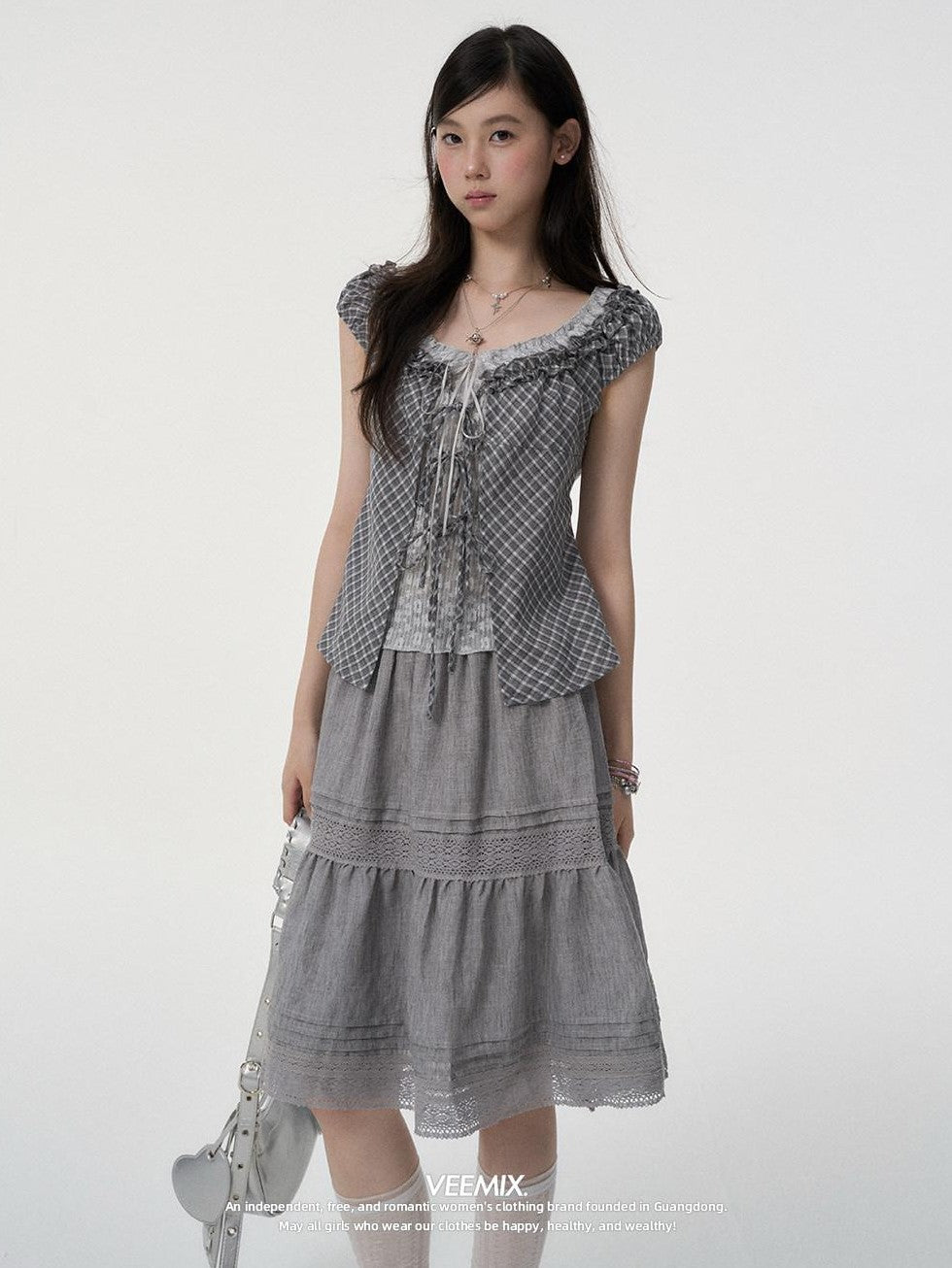 VEEMIX Linen Gray Eyelet Lace A Line High Waist Women's Viscose Blend Midi Skirts