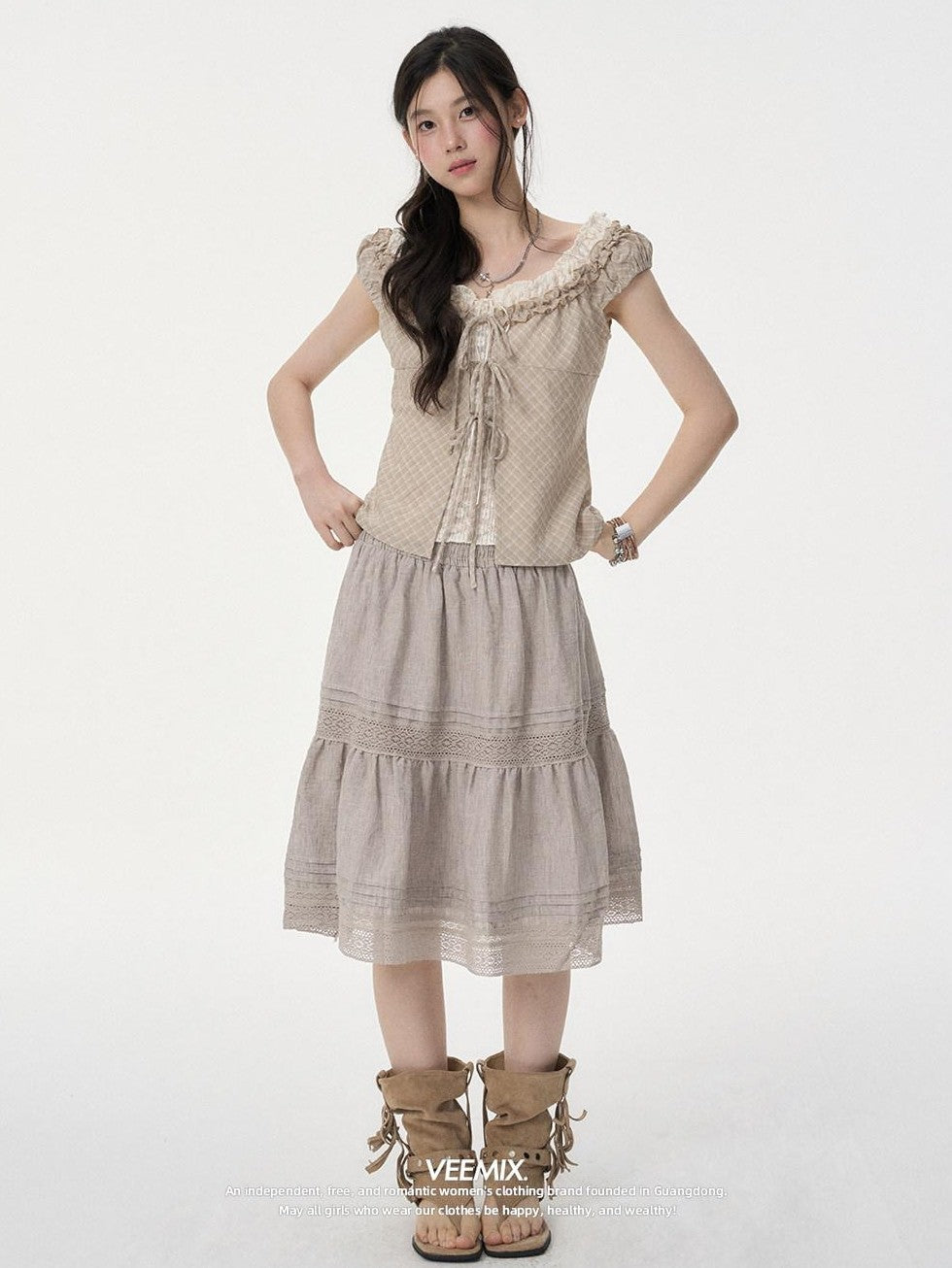 VEEMIX Linen Gray Eyelet Lace A Line High Waist Women's Viscose Blend Midi Skirts