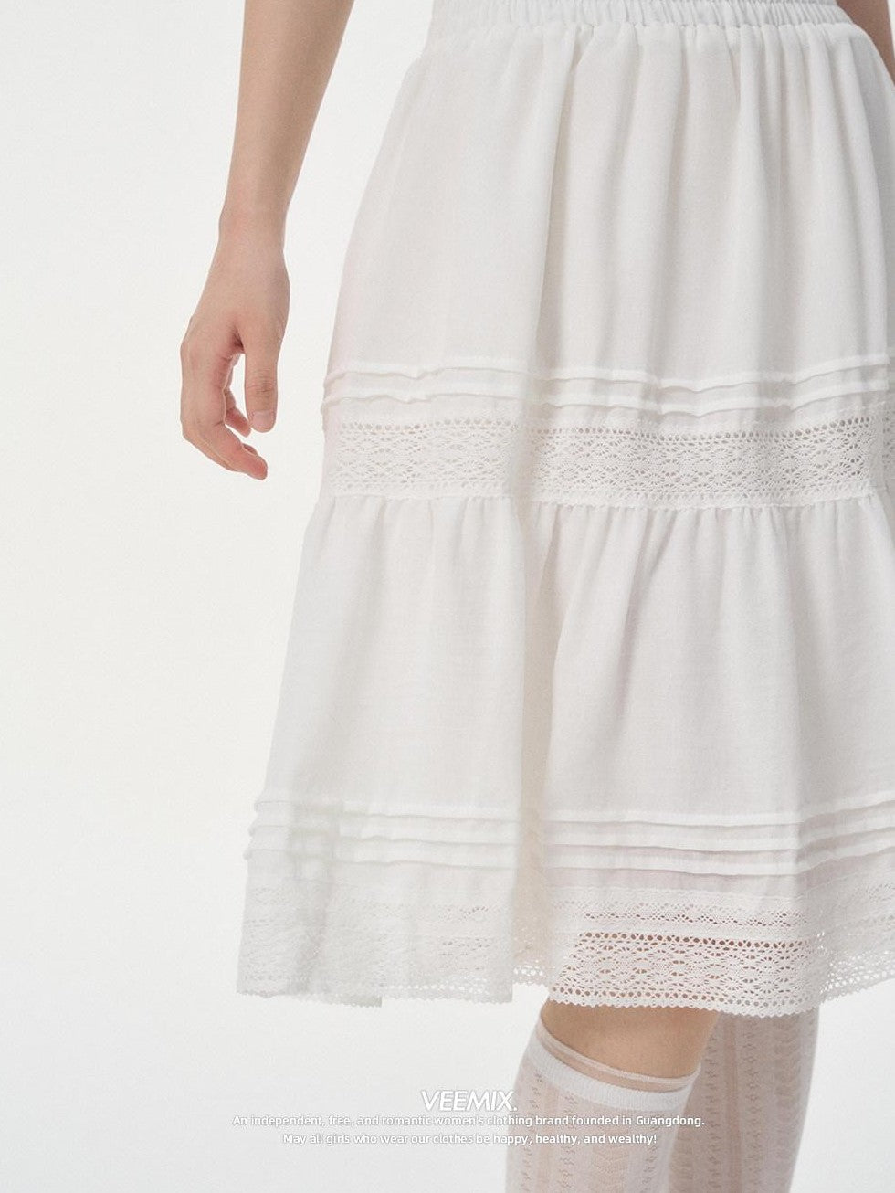VEEMIX Linen Gray Eyelet Lace A Line High Waist Women's Viscose Blend Midi Skirts