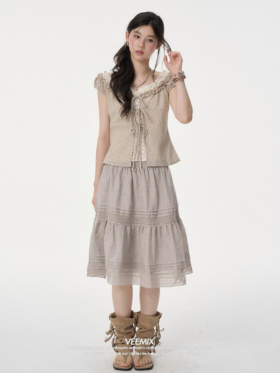 VEEMIX Linen Gray Eyelet Lace A Line High Waist Women's Viscose Blend Midi Skirts