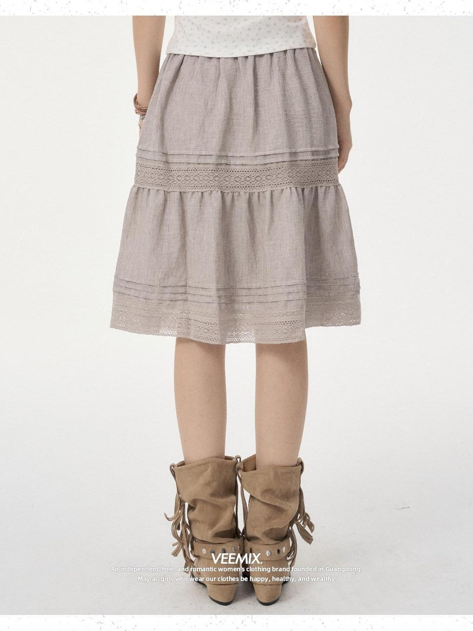 VEEMIX Linen Gray Eyelet Lace A Line High Waist Women's Viscose Blend Midi Skirts