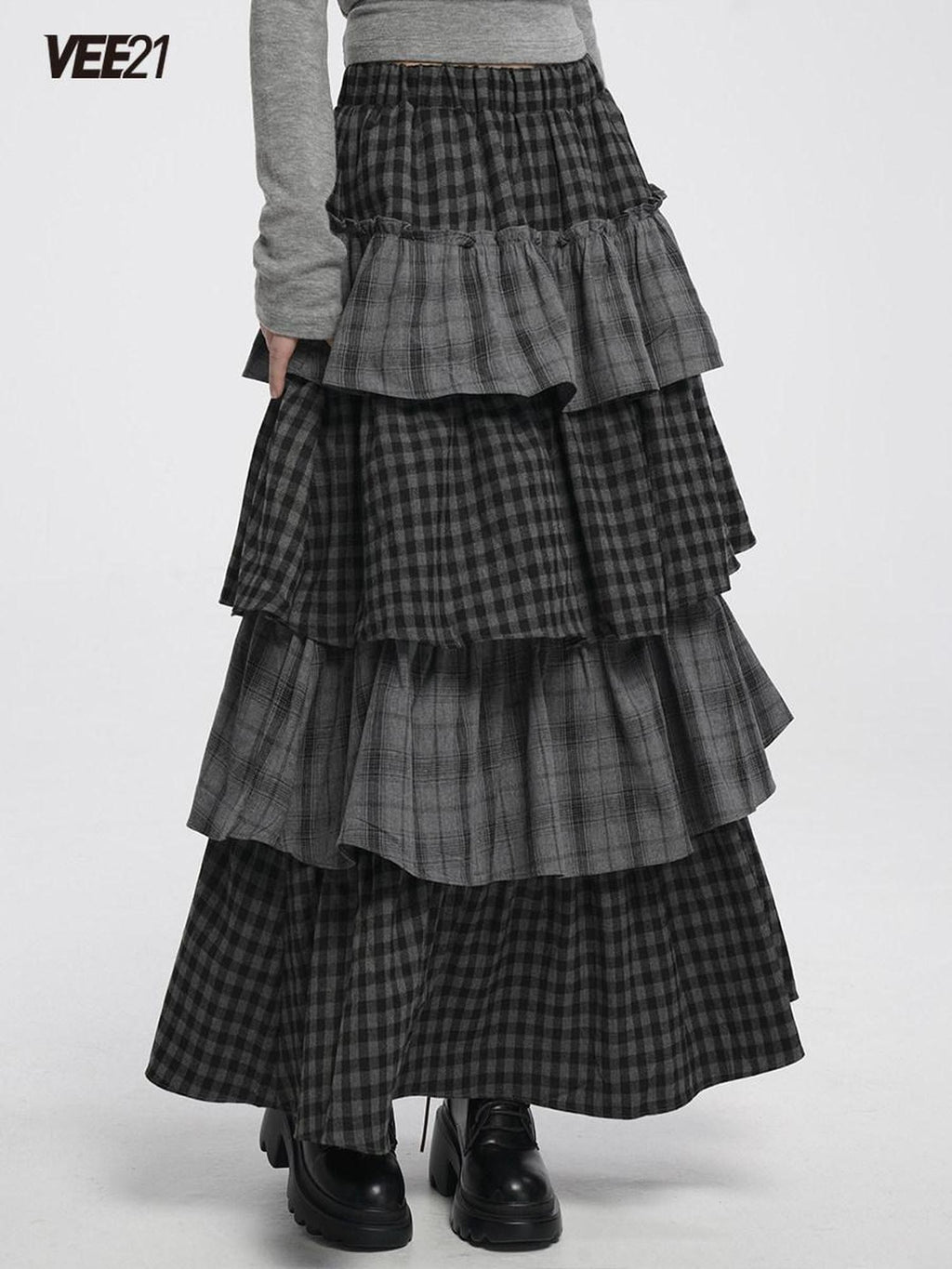 VEEMIX Long Two Tone Check Spliced Japanese Women's Polyester Tiered Skirts