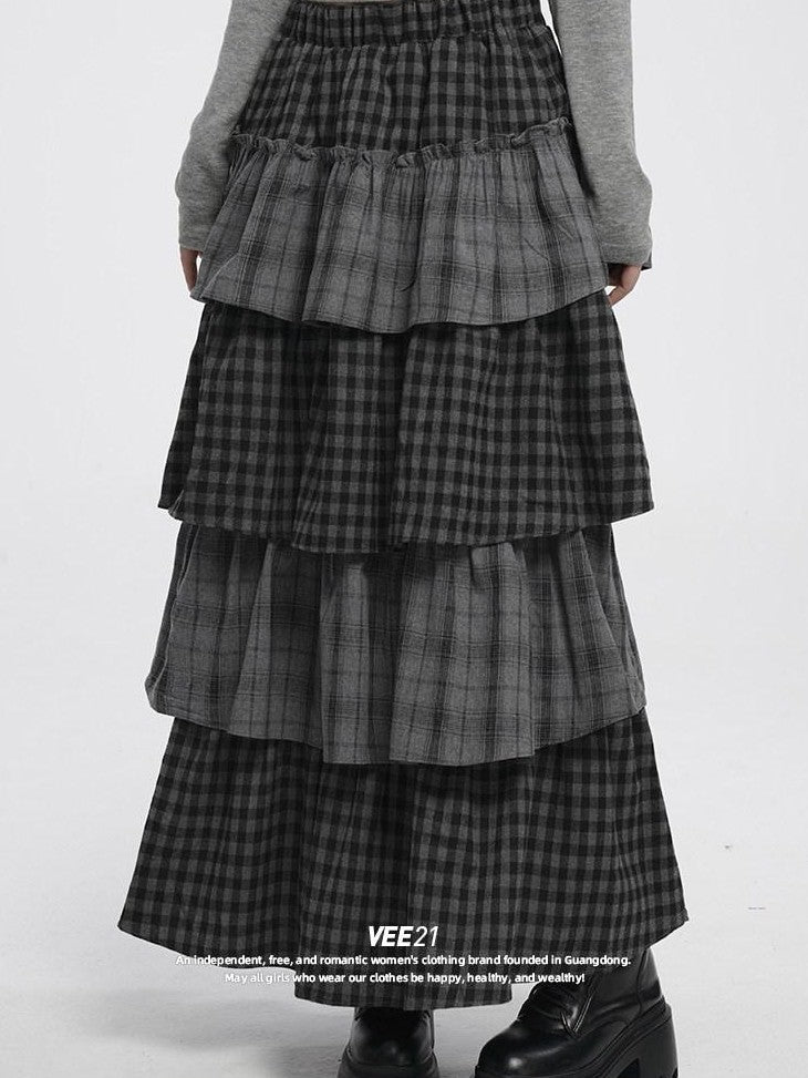 VEEMIX Long Two Tone Check Spliced Japanese Women's Polyester Tiered Skirts