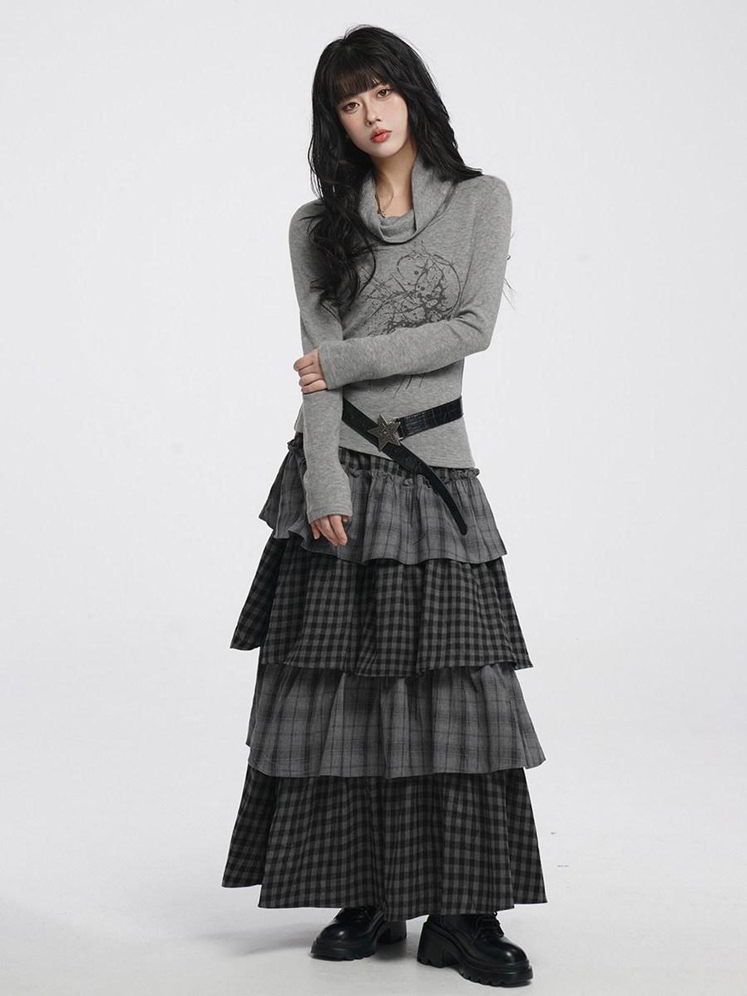 VEEMIX Long Two Tone Check Spliced Japanese Women's Polyester Tiered Skirts