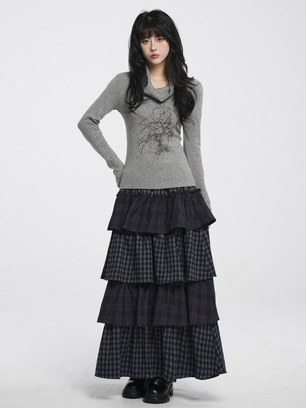 VEEMIX Long Two Tone Check Spliced Japanese Women's Polyester Tiered Skirts