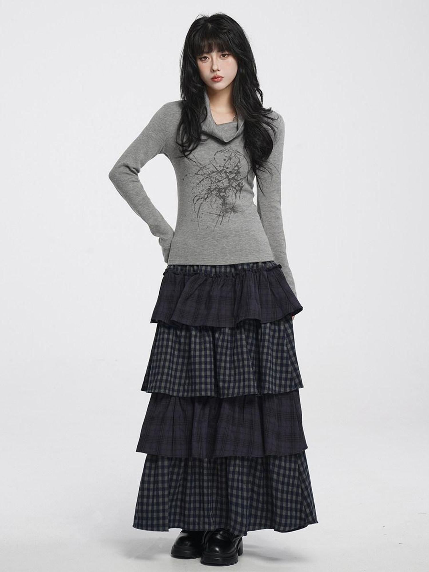 VEEMIX Long Two Tone Check Spliced Japanese Women's Polyester Tiered Skirts