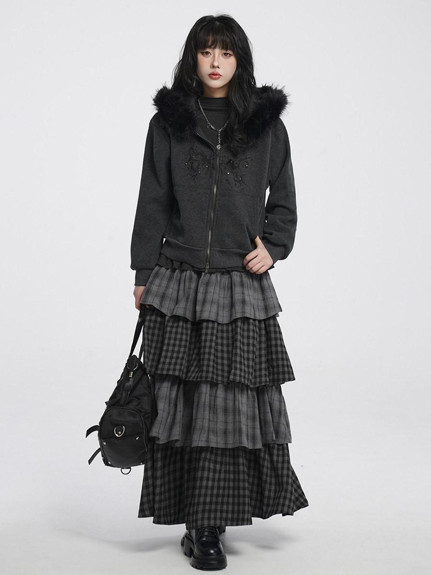 VEEMIX Long Two Tone Check Spliced Japanese Women's Polyester Tiered Skirts