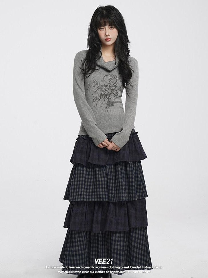 VEEMIX Long Two Tone Check Spliced Japanese Women's Polyester Tiered Skirts