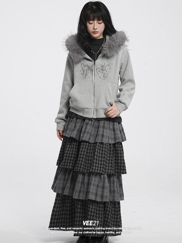 VEEMIX Long Two Tone Check Spliced Japanese Women's Polyester Tiered Skirts