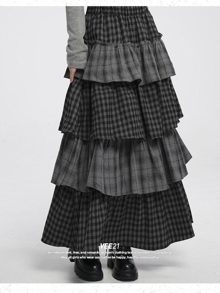 VEEMIX Long Two Tone Check Spliced Japanese Women's Polyester Tiered Skirts