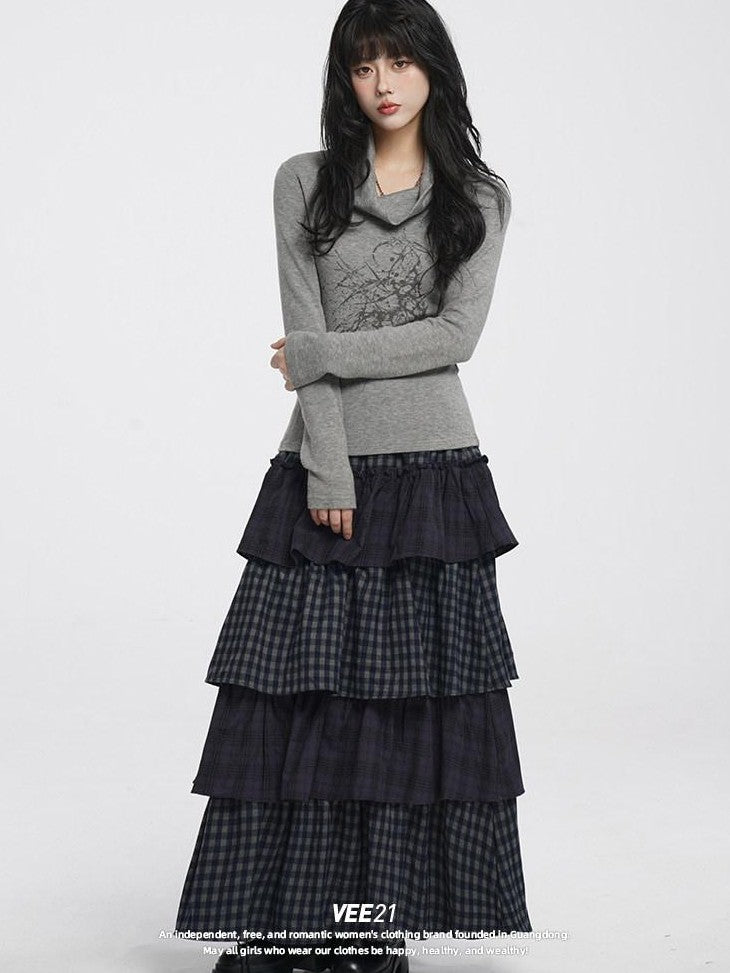 VEEMIX Long Two Tone Check Spliced Japanese Women's Polyester Tiered Skirts