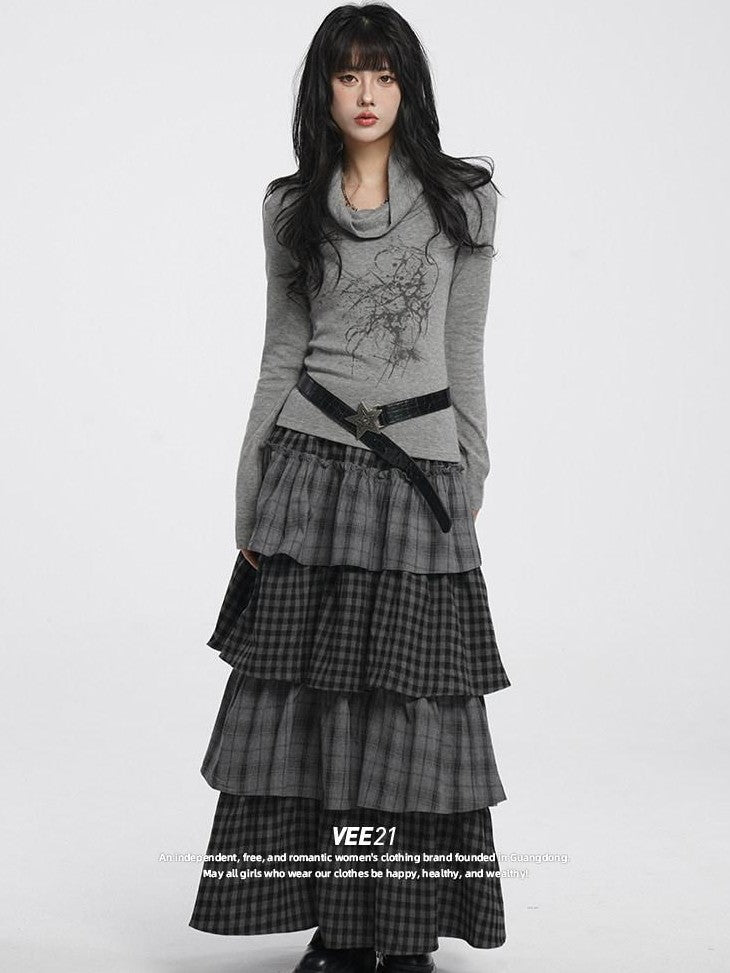 VEEMIX Long Two Tone Check Spliced Japanese Women's Polyester Tiered Skirts