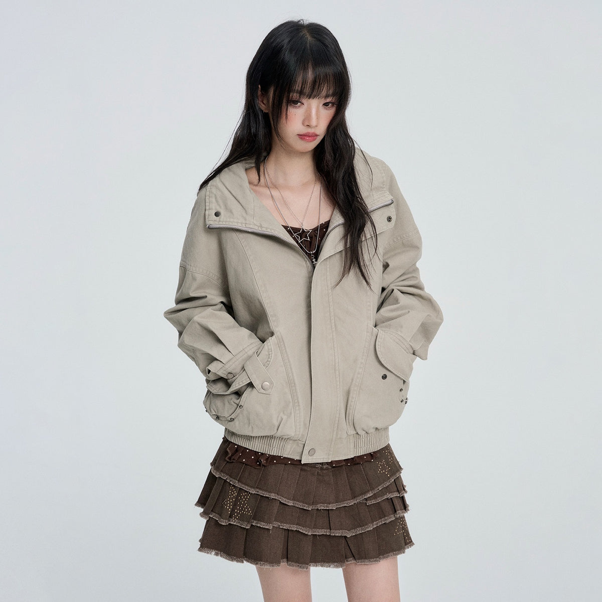 VEEMIX_Loose_Fit_Zip_Metal_Detail_Stand_Collar_Cotton_Blend_Women's_Utility_Jackets_1084560686645_MISSTT