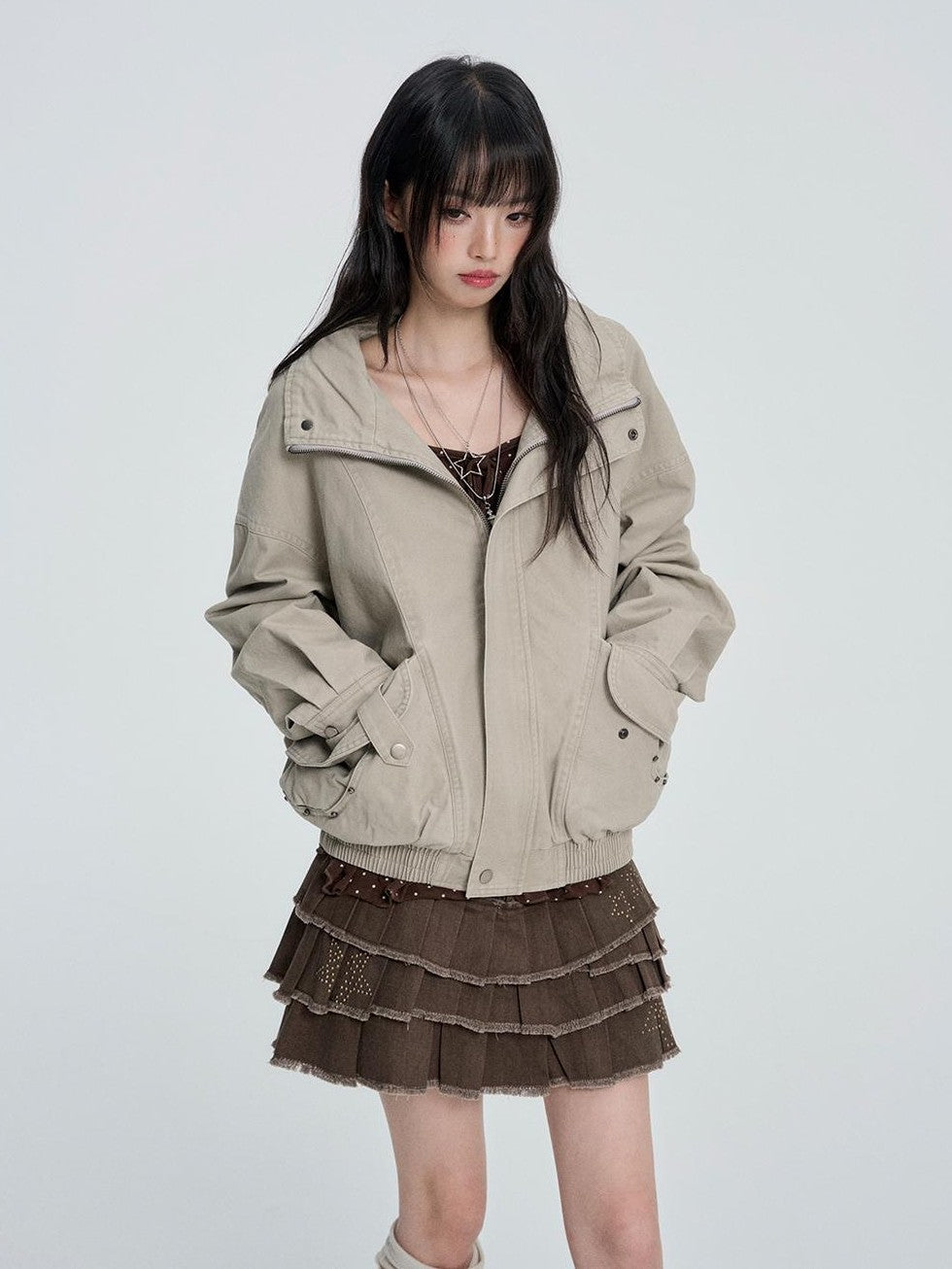 VEEMIX Loose Fit Zip Metal Detail Stand Collar Cotton Blend Women's Utility Jackets