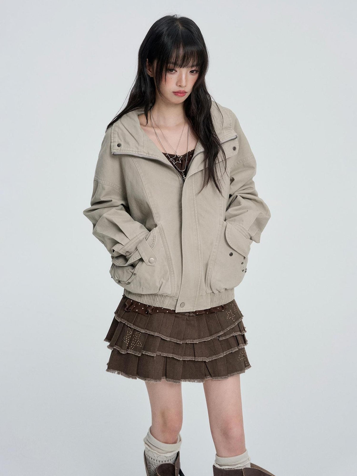 VEEMIX Loose Fit Zip Metal Detail Stand Collar Cotton Blend Women's Utility Jackets