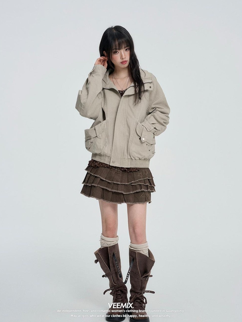 VEEMIX Loose Fit Zip Metal Detail Stand Collar Cotton Blend Women's Utility Jackets