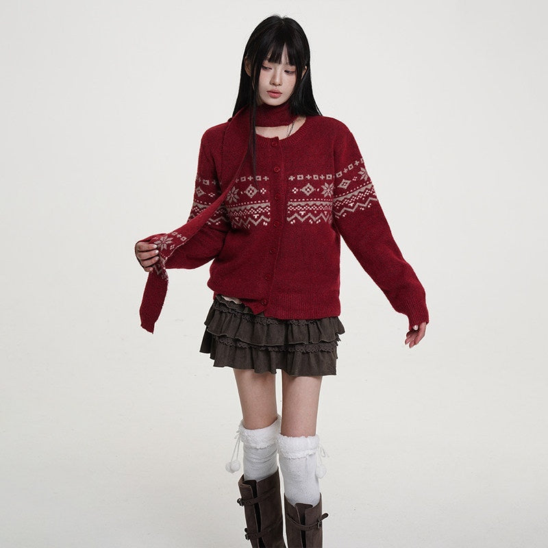 VEEMIX_Maroon_Diamond_Pattern_Knit_Button_Front_Women's_Wool_Blend_Cardigans_987908826552_MISSTT