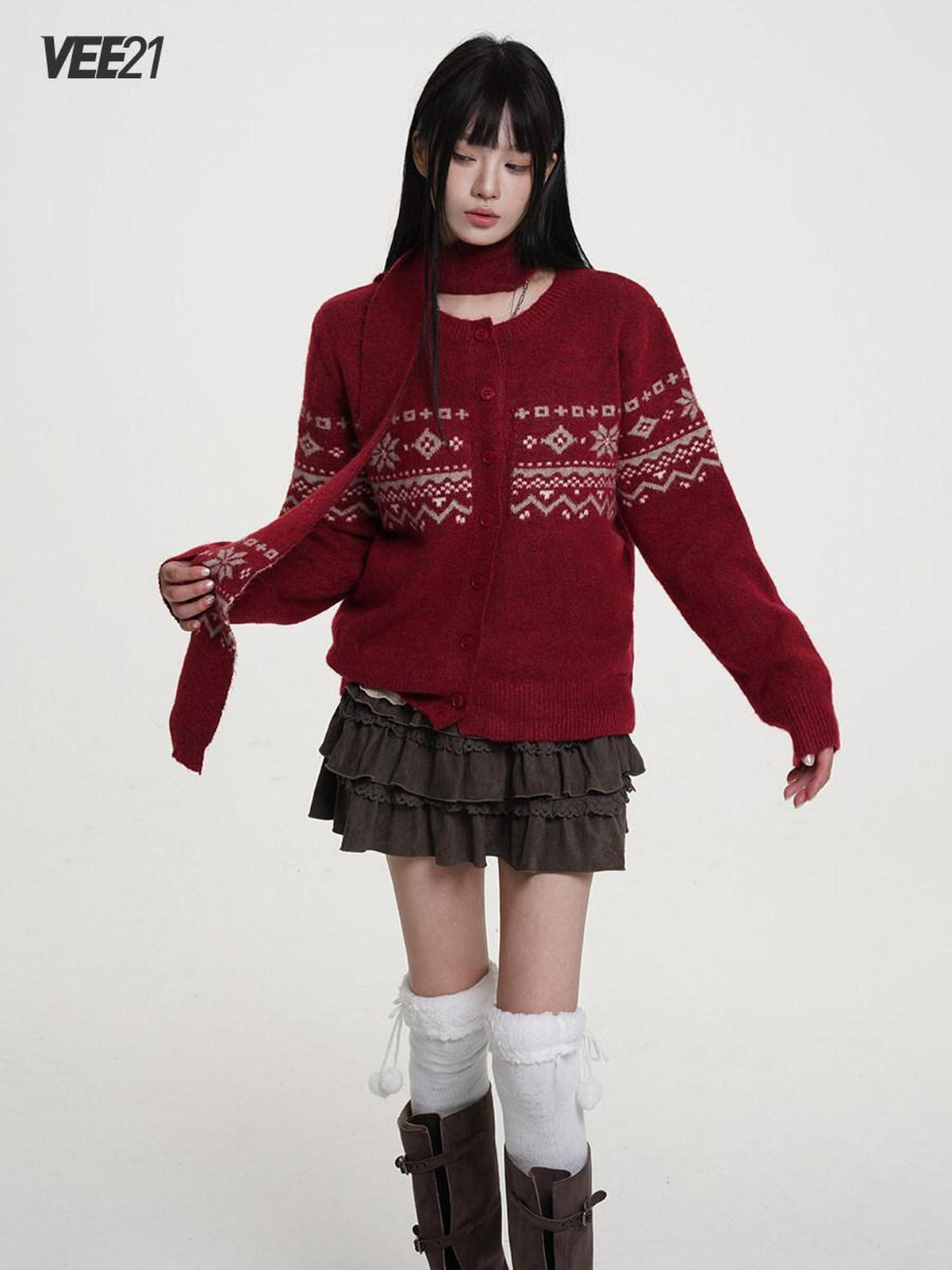 VEEMIX Maroon Diamond Pattern Knit Button Front Women's Wool Blend Cardigans