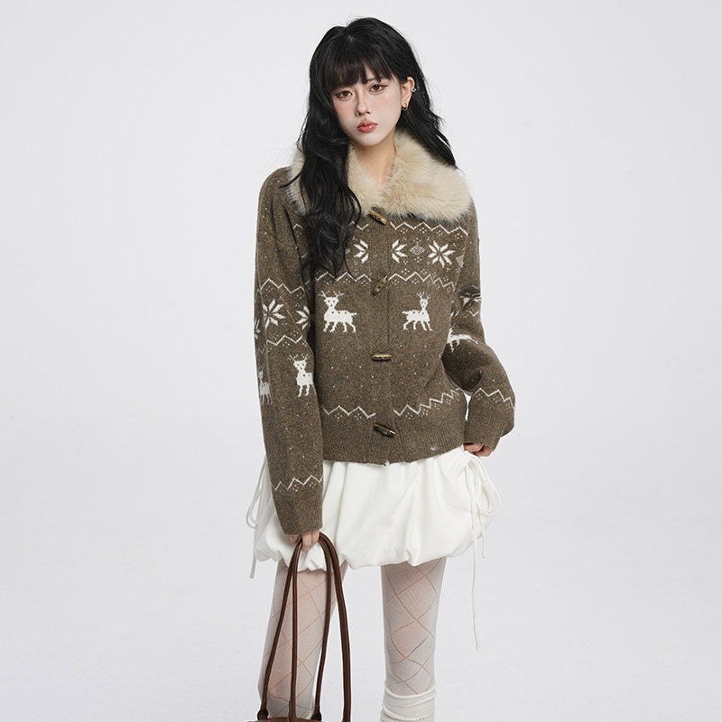 VEEMIX_Maroon_Fur_Collar_Buttoned_Reindeer_Bear_Motif_Women's_Acrylic_Cardigans_999082553601_MISSTT