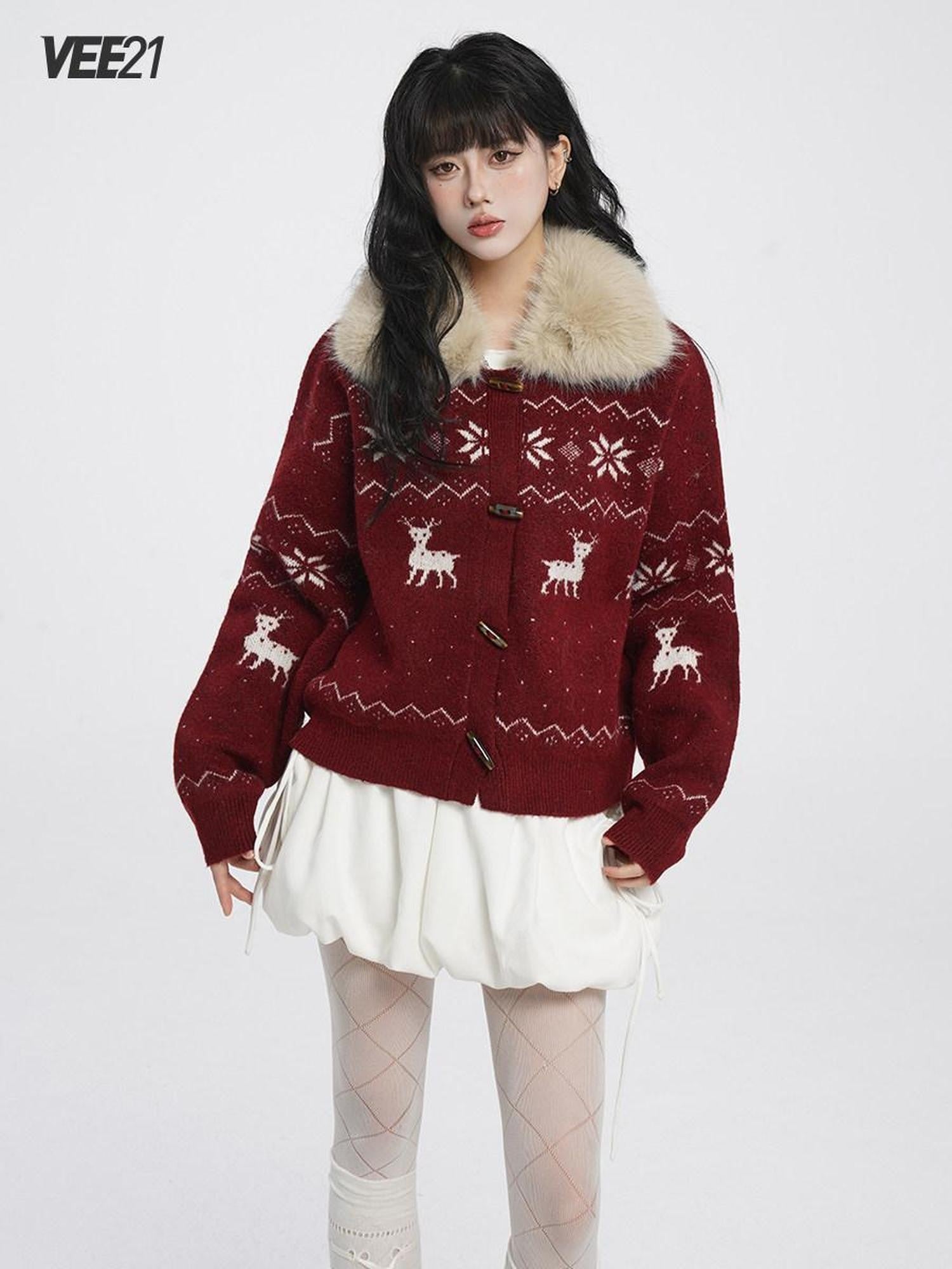 VEEMIX Maroon Fur Collar Buttoned Reindeer Bear Motif Women's Acrylic Cardigans