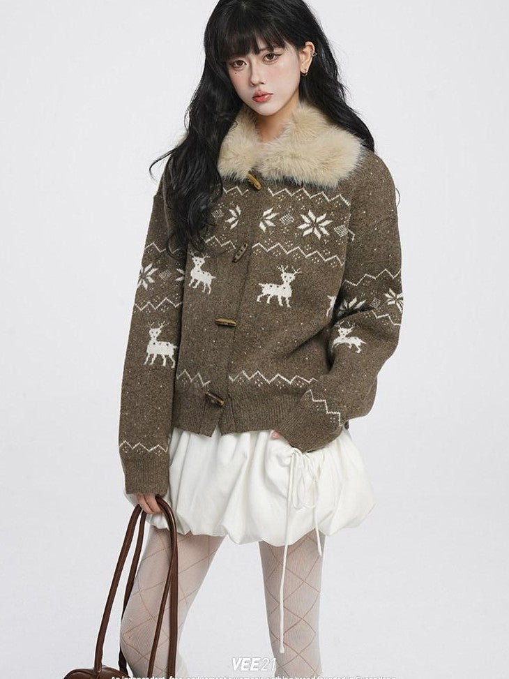 VEEMIX Maroon Fur Collar Buttoned Reindeer Bear Motif Women's Acrylic Cardigans