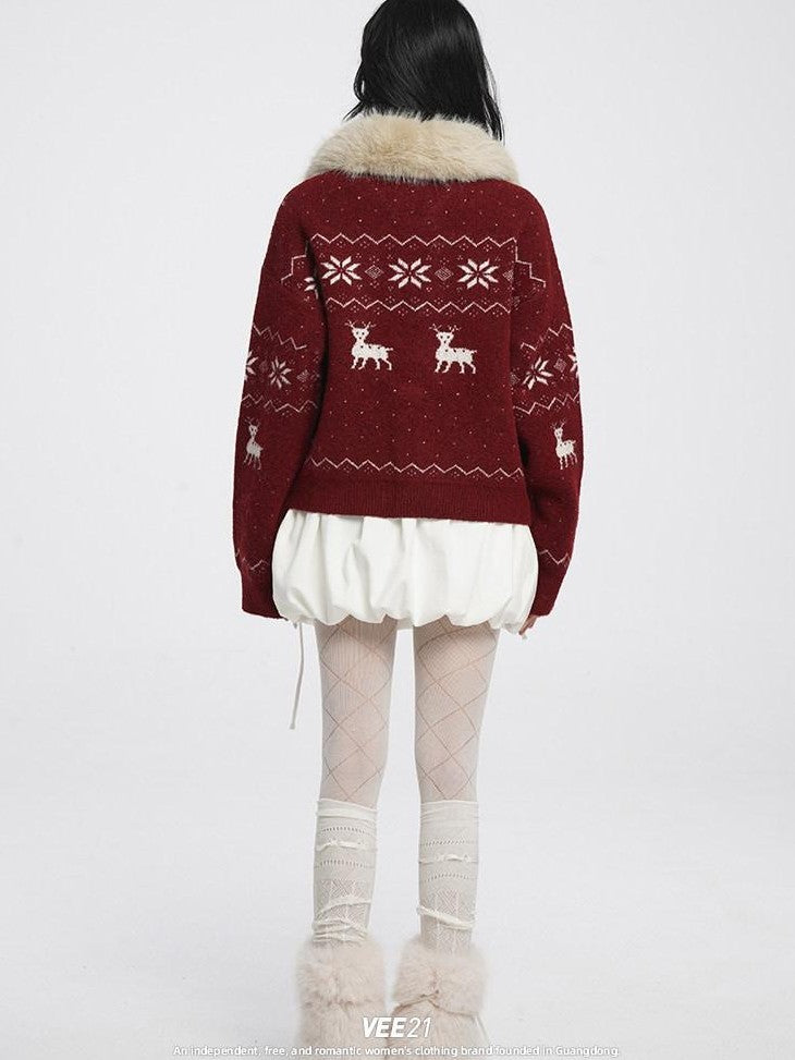 VEEMIX Maroon Fur Collar Buttoned Reindeer Bear Motif Women's Acrylic Cardigans