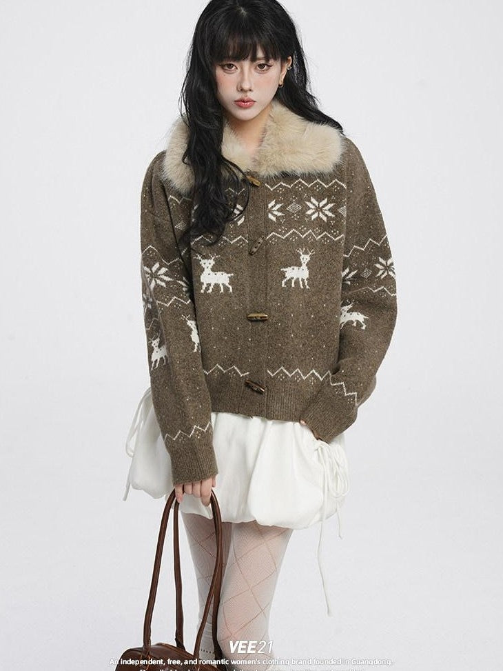 VEEMIX Maroon Fur Collar Buttoned Reindeer Bear Motif Women's Acrylic Cardigans