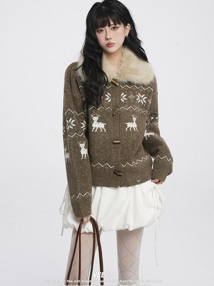 VEEMIX Maroon Fur Collar Buttoned Reindeer Bear Motif Women's Acrylic Cardigans
