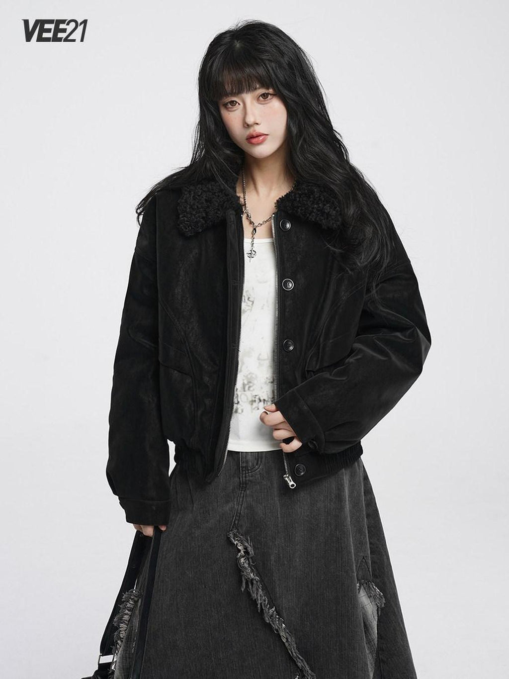 VEEMIX Matte Pu Fur Collar Spliced Buttons Women's Cotton Lined Puffer Jackets