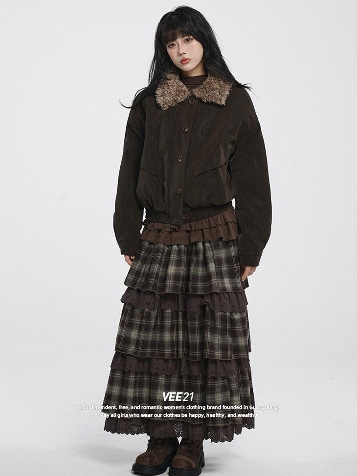 VEEMIX Matte Pu Fur Collar Spliced Buttons Women's Cotton Lined Puffer Jackets