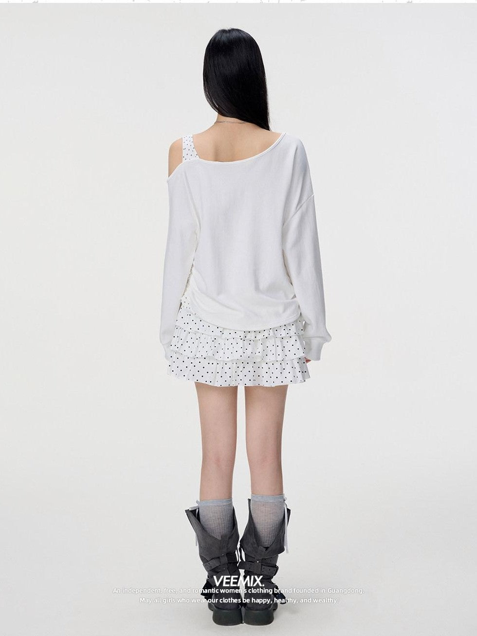 VEEMIX Off Shoulder Faux Layered Slanted Neck Polka Dot Women's Cotton Sweatshirts