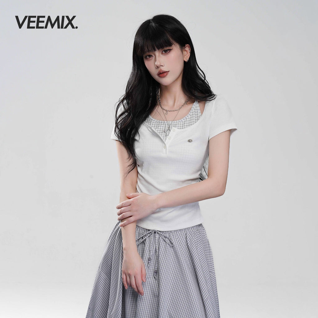 VEEMIX_Off_White_Halter_Ruching_Fake_Layered_Women's_Cotton_Blend_Short_Sleeve_T-shirts_1045275143536_MISSTT