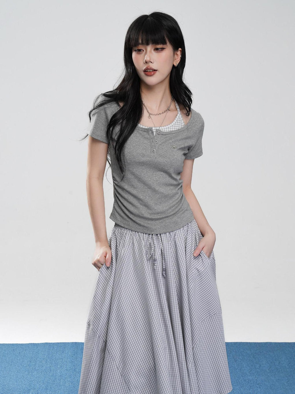 VEEMIX Off White Halter Ruching Fake Layered Women's Cotton Blend Short Sleeve T-shirts