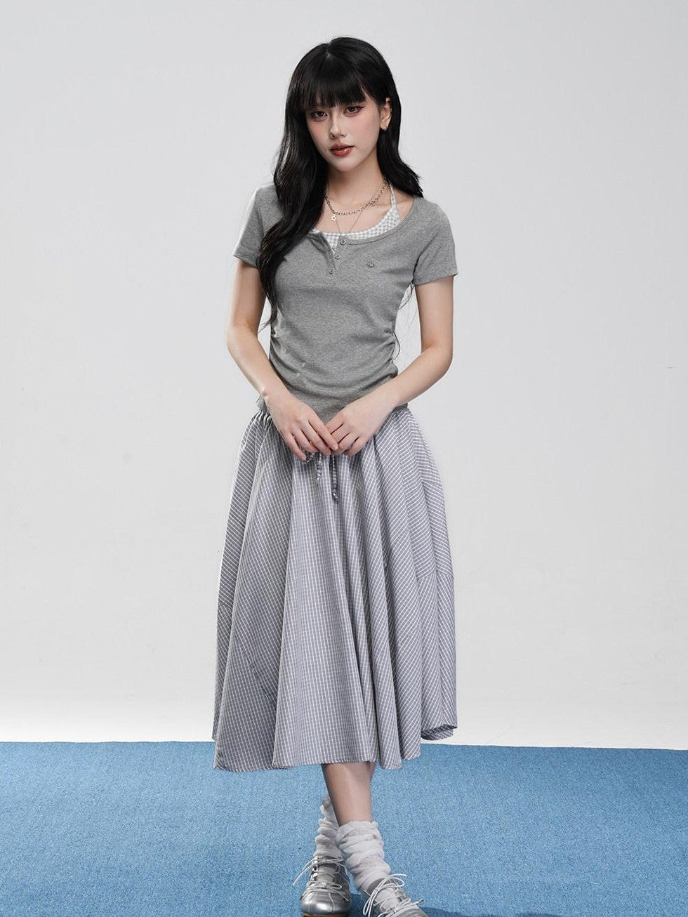 VEEMIX Off White Halter Ruching Fake Layered Women's Cotton Blend Short Sleeve T-shirts