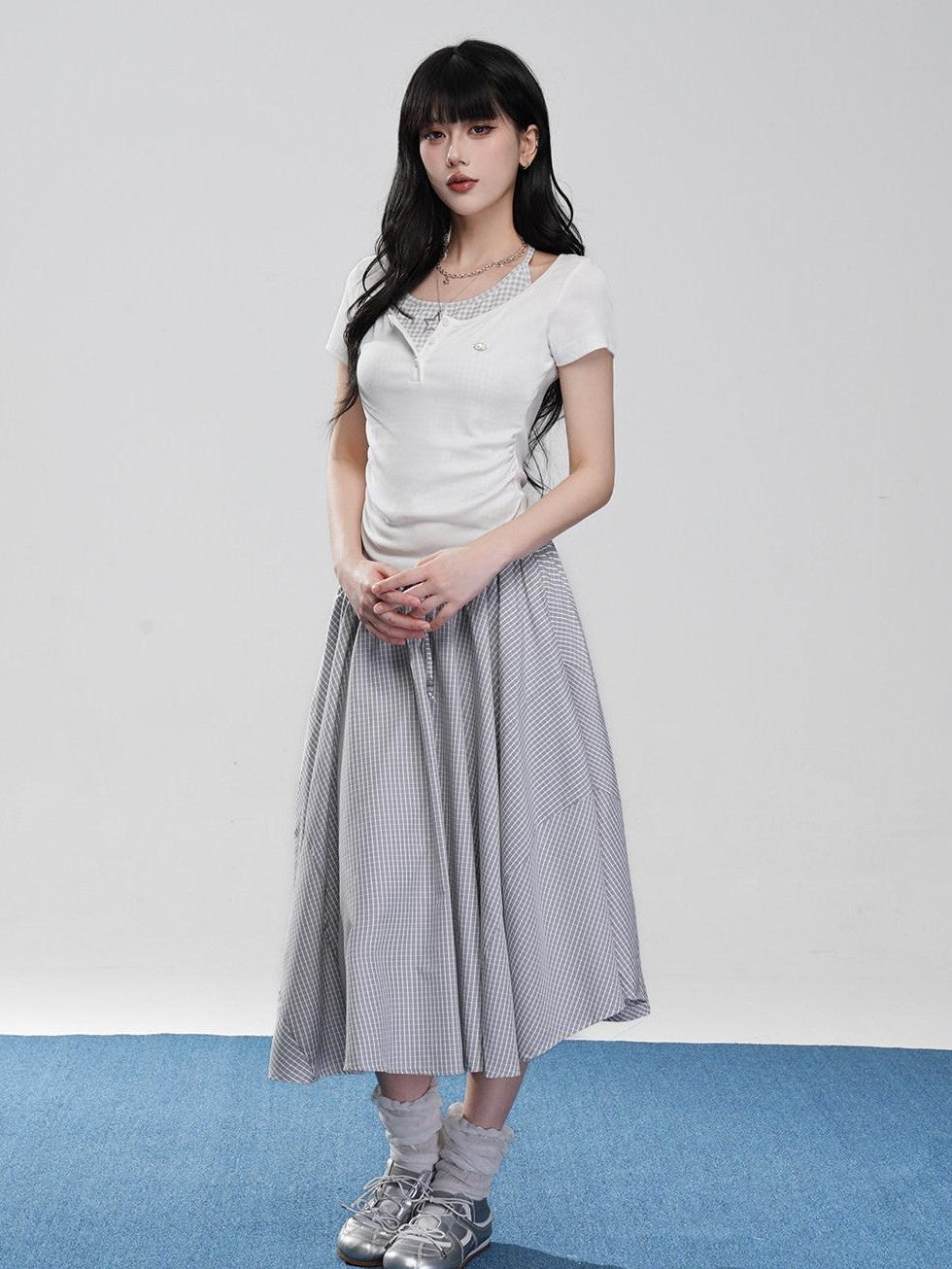 VEEMIX Off White Halter Ruching Fake Layered Women's Cotton Blend Short Sleeve T-shirts