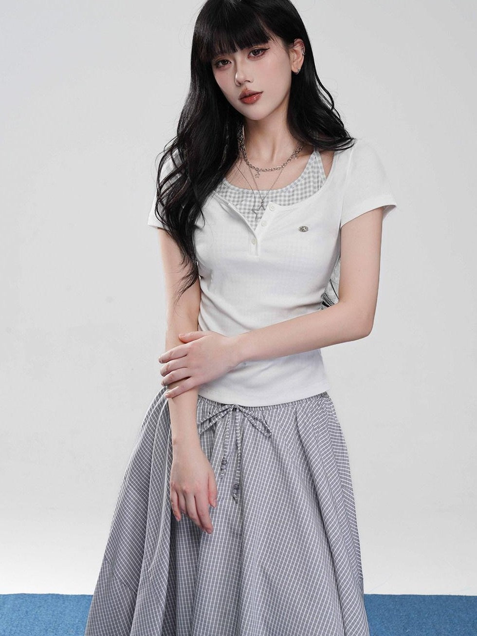 VEEMIX Off White Halter Ruching Fake Layered Women's Cotton Blend Short Sleeve T-shirts