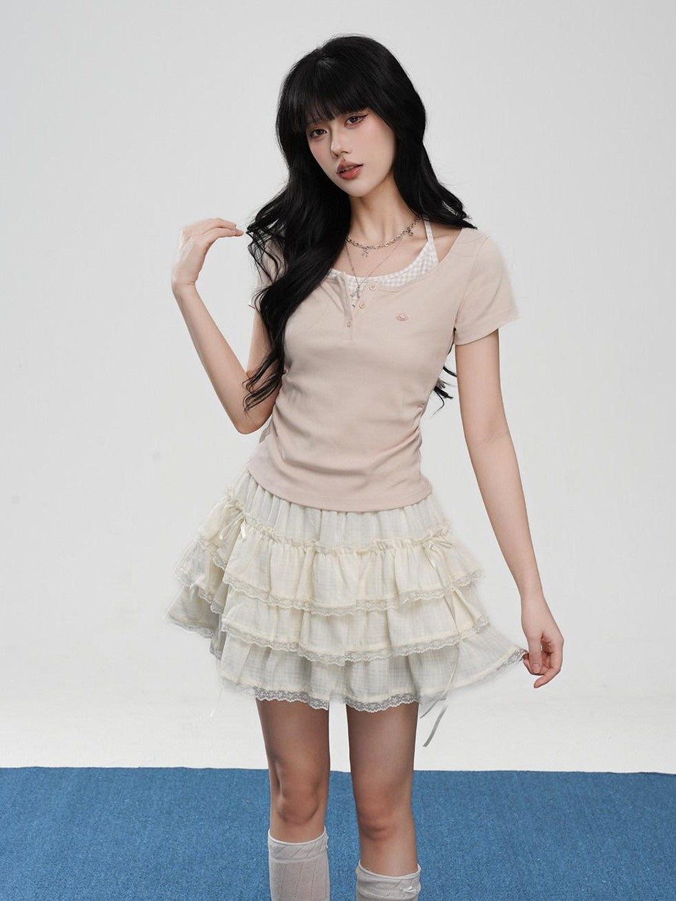 VEEMIX Off White Halter Ruching Fake Layered Women's Cotton Blend Short Sleeve T-shirts