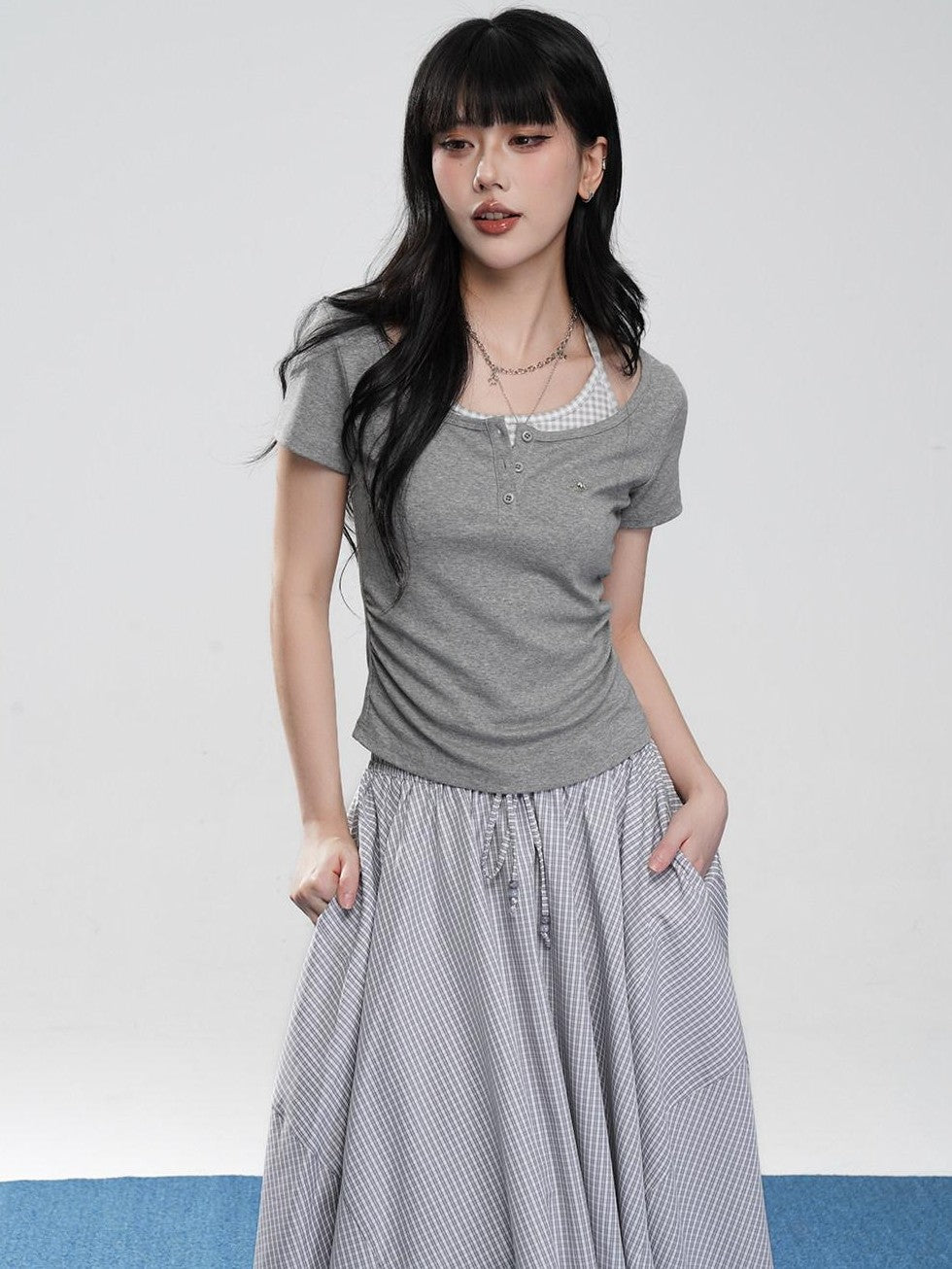 VEEMIX Off White Halter Ruching Fake Layered Women's Cotton Blend Short Sleeve T-shirts