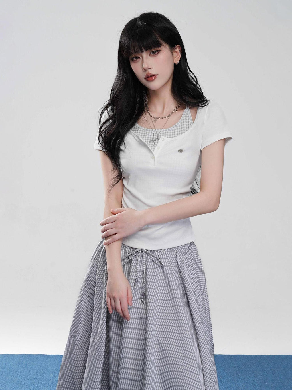 VEEMIX Off White Halter Ruching Fake Layered Women's Cotton Blend Short Sleeve T-shirts
