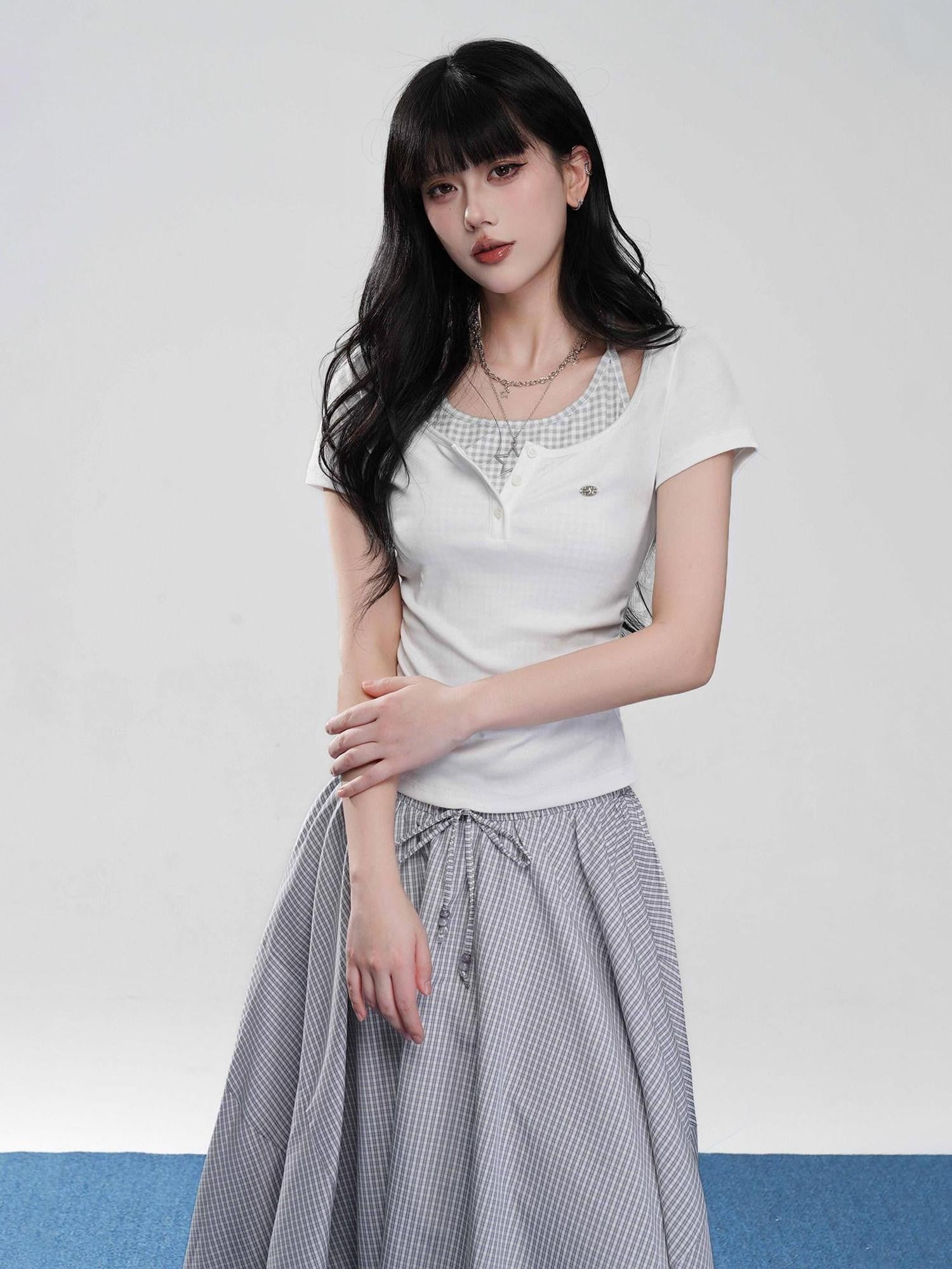 VEEMIX Off White Halter Ruching Fake Layered Women's Cotton Blend Short Sleeve T-shirts
